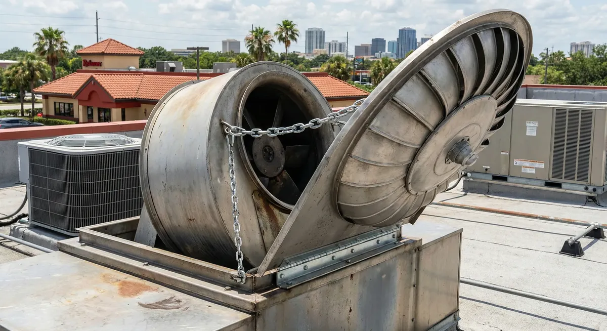 Exhaust fan hinge kit installation on Fort Worth commercial kitchen roof