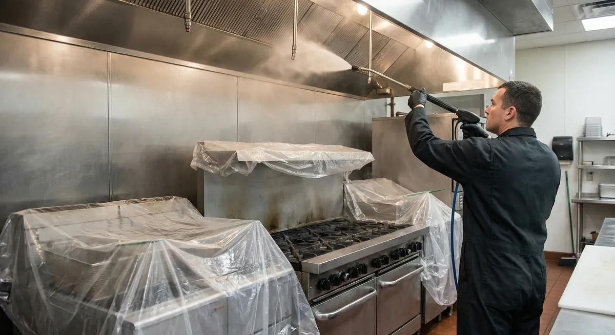 Fort Worth restaurant hood cleaning technician servicing a commercial kitchen exhaust system