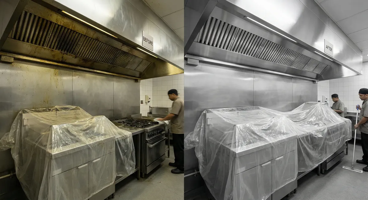 Before and after Fort Worth hood cleaning comparison showing restaurant grease removal results